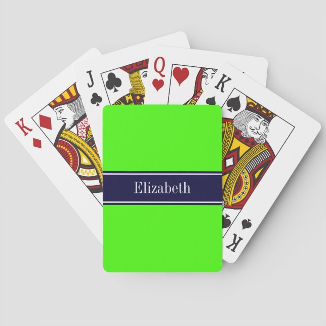 Jeu De Cartes Vert Citron Uni, Ruban Bleu Marine Monogramme Nom (dos)