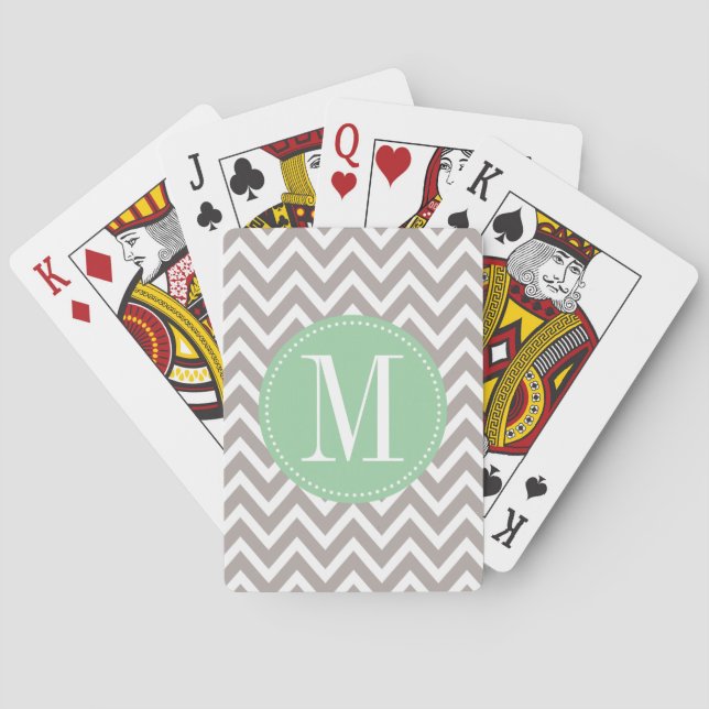 Jeu De Cartes Vert clair et gris Chevron personnalisé Monogramme (dos)