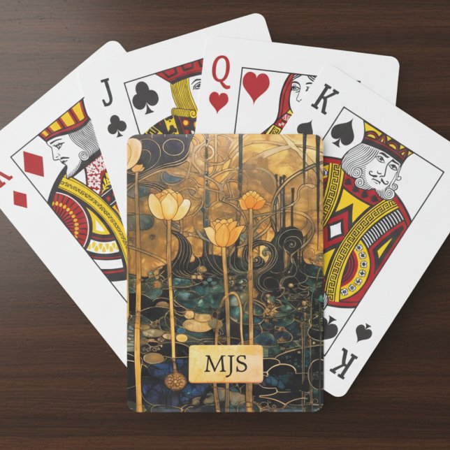 Jeu De Cartes Vintage Floral (elegant Art Nouveau floral poker playing cards with personalized monogram)