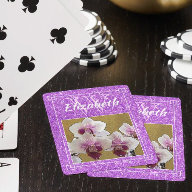 Jeu De Cartes Violet Pailleté Initiale Monogramme Personnalisé P (Personalized initial letter monogram playing cards with purple and white orchid photo)