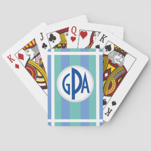 Jeu De Cartes Votre monogramme sur Bleu, Turquoise & Blanc rayé