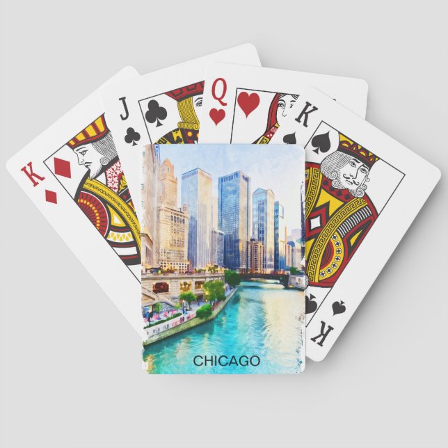 Jeu De Cartes Vue de la ville de Chicago Illinois à l'aquarelle (dos)