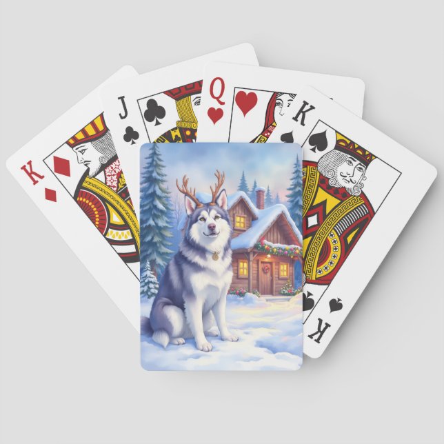 Jeu De Cartes Watercolor Alaskan Malamute Reindeer Christmas (dos)