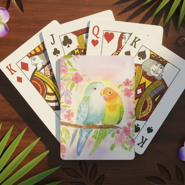 Jeu De Cartes Watercolor Love Birds with Pink Flowers (Créateur téléchargé)