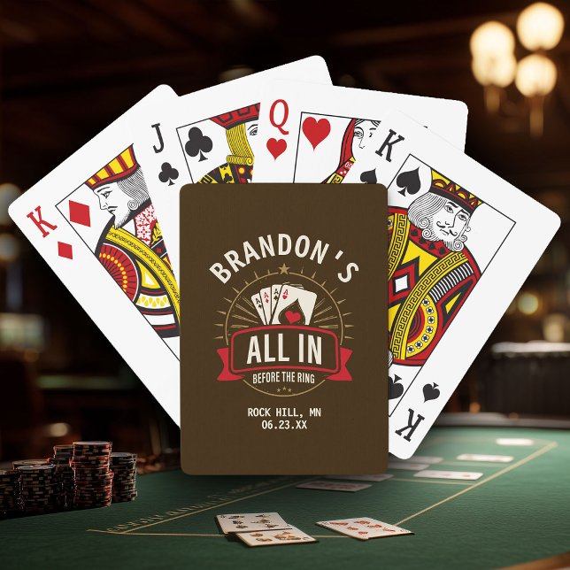 Jeu De Cartes Whiskey Brown Bachelor Party Custom Poker (bachelor party playing card box with  "All In Before the Ring" poker design, custom groom's name)