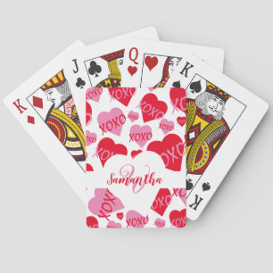Jeu De Cartes XOXO rose Motif de coeur rouge Monogramme blanc