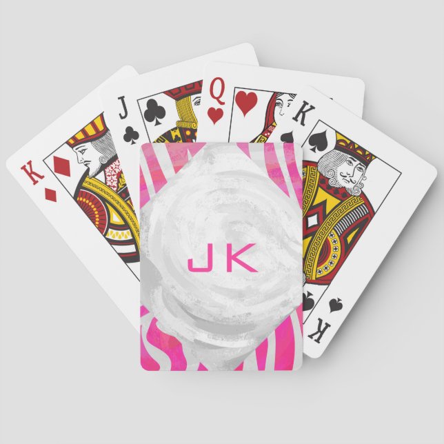 Jeu De Cartes Zebra Hot rose et blanc avec Monogramme (dos)