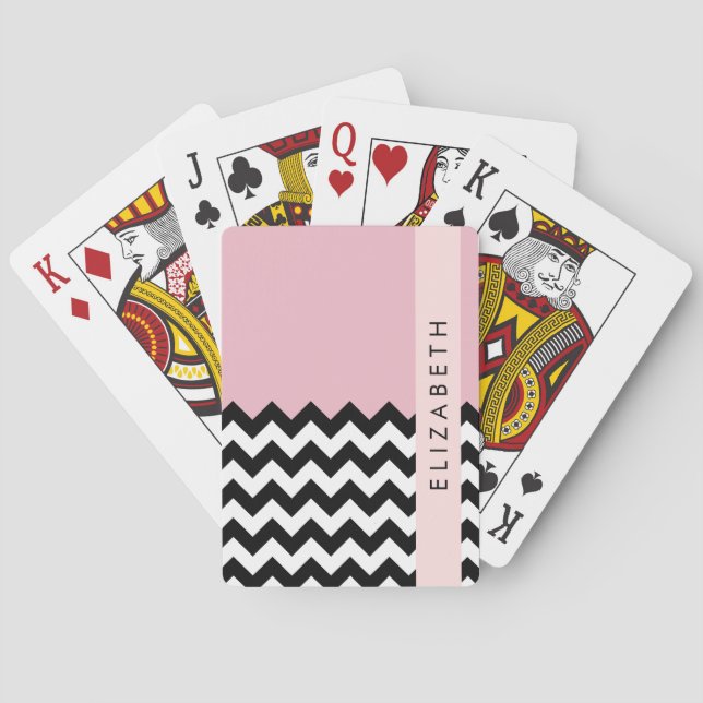 Jeu De Cartes Zigzag noir et blanc, Chevron, rose, Votre nom (dos)