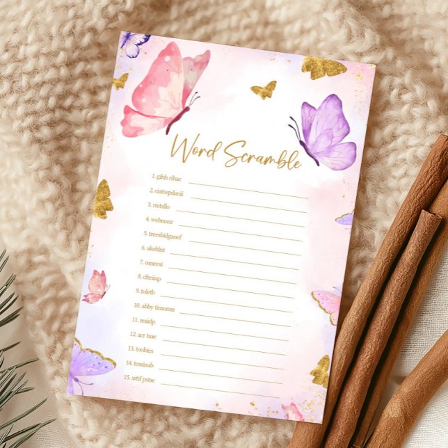 Jeu de casse-tête de douche Papillon Violet Or Ros (Butterfly Baby Shower Game)