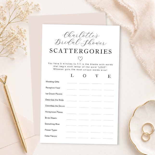 Jeu de Catégories dispersées personnalisé pour ent (Bridal Shower Game Card)