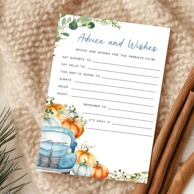 Jeu de conseils et de vœux Little Pumpkin Blue Tru (Fall Pumpkin Blue Truck Baby Shower Advice and Wishes Game)