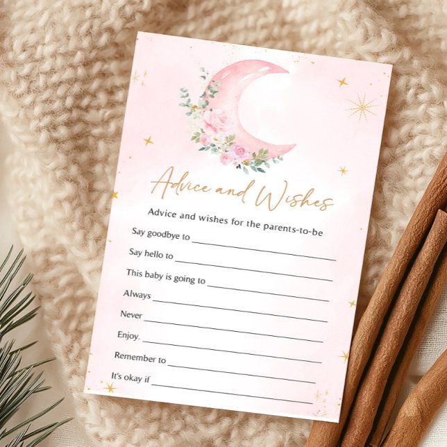 Jeu de conseils et de vœux Lune et Étoiles Rose (Girl Moon Baby Shower Advice and Wishes Game)