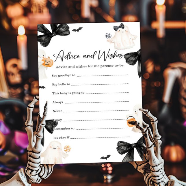 Jeu de conseils et vœux de Halloween Ghost Little  (Black Bow Little Boo Halloween Baby Shower Advice and Wishes Game)