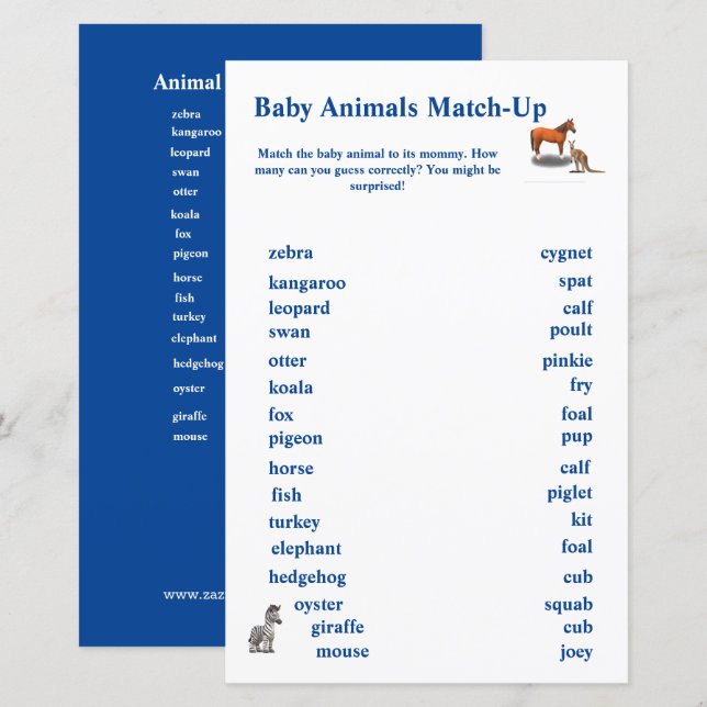Jeu de Correspondance sur le Thème des Animaux Div (Devant / Derrière)