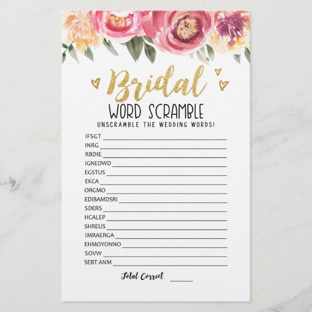 Jeu de course de mot nuptiale avec réponses (Devant)