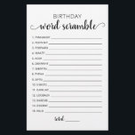 Jeu de course de mots d'anniversaire avec réponses<br><div class="desc">Achetez ce jeu monochrome et profitez d'une carte de jeu de mots Anniversaire de haute qualité pour votre événement! Design noir et blanc. RÉPONSES : 1-INVITATION,  2-CONFETTI,  3-WRAPPED,  4-PINATA,  5-GÂTEAU,  6-ANNIVERSAIRE,  7-PRÉSENT,  8-HEUREUX,  9-GIFTS,  10-INVITÉS,  11-MAGIQUE,  12-BALLON,  13-BANNIERS,  14-FRIFRIFRIFRIFRIFY DS,  15-LOVE</div>