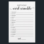 Jeu de course de mots d'anniversaire avec réponses<br><div class="desc">Achetez ce jeu monochrome et profitez d'une carte de jeu de mots Anniversaire de haute qualité pour votre événement! Design noir et blanc. RÉPONSES : 1-INVITATION,  2-CONFETTI,  3-WRAPPED,  4-PINATA,  5-GÂTEAU,  6-ANNIVERSAIRE,  7-PRÉSENT,  8-HEUREUX,  9-GIFTS,  10-INVITÉS,  11-MAGIQUE,  12-BALLON,  13-BANNIERS,  14-FRIFRIFRIFRIFRIFY DS,  15-LOVE</div>