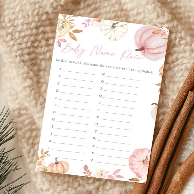 Jeu de course de noms de bébé Citrouille Rose Auto (Girl Little Pumpkin Fall Baby Shower Baby Name Race Game)
