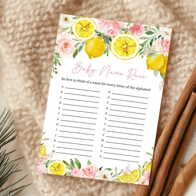 Jeu de course de noms de bébé Fleur rose et citron (Summer Lemon Citrus Baby Shower Baby Name Race Game)