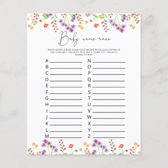 Jeu de course de noms de bébé Fleurs sauvages (Devant)