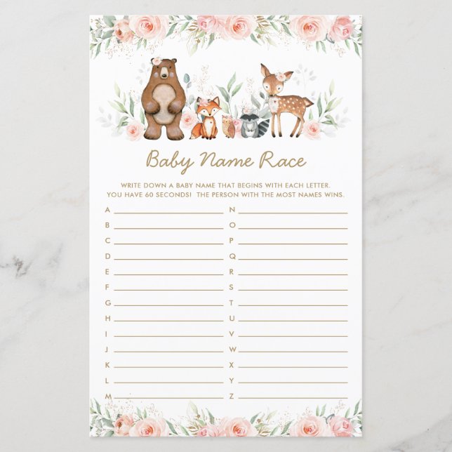 Jeu de course de noms de bébé floral avec des anim (Devant)