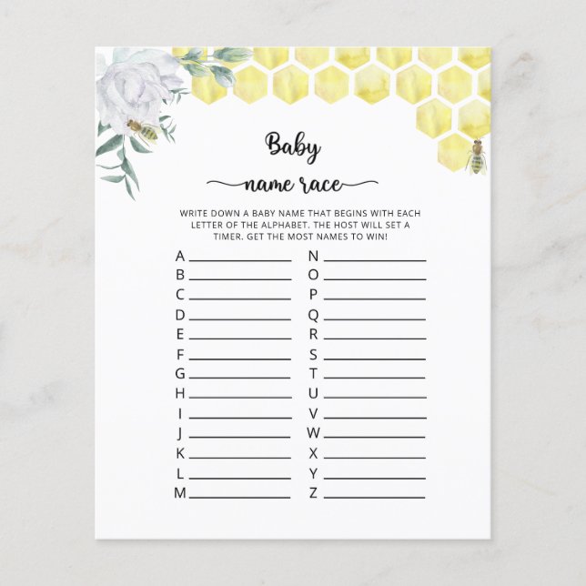 Jeu de course de noms de bébé floraux abeille (Devant)