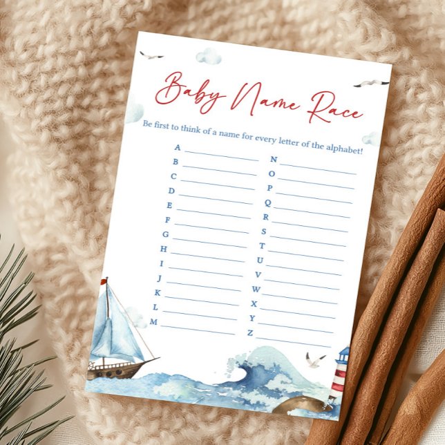 Jeu de course de noms de bébé nautique bleu rouge (Ahoy It’s A Boy Baby Shower Baby Name Race Game)