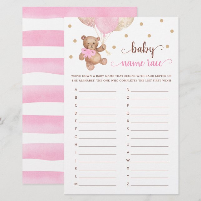 Jeu de course de noms de bébé Ours en peluche pour (Devant / Derrière)