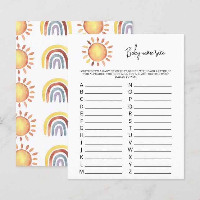 Jeu de course de prénoms Sunshine Baby (Devant / Derrière)