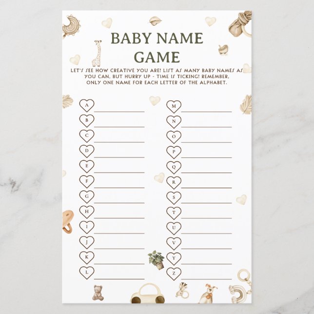 Jeu de course pour le nom du bébé à la baby shower (Devant)
