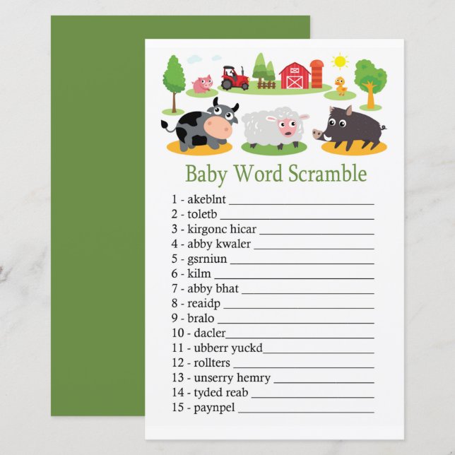 jeu de désordre de mots bébé animaux de la ferme (Devant / Derrière)
