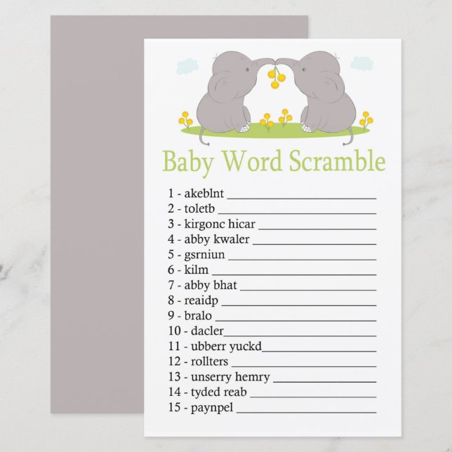 jeu de désordre de mots bébé éléphant (Devant / Derrière)