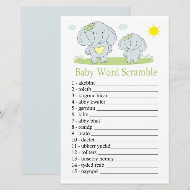 Jeu de désordre de mots bébé éléphant bleu (Devant / Derrière)