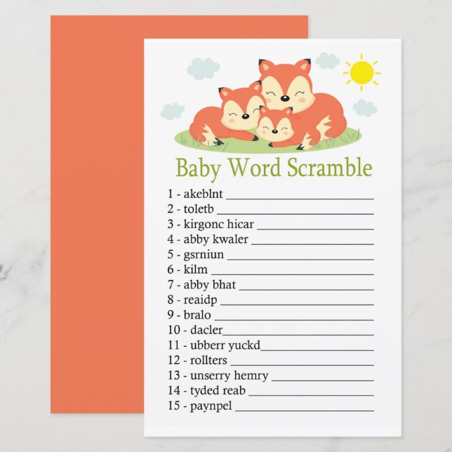 Jeu de désordre de mots bébé renard endormi (Devant / Derrière)