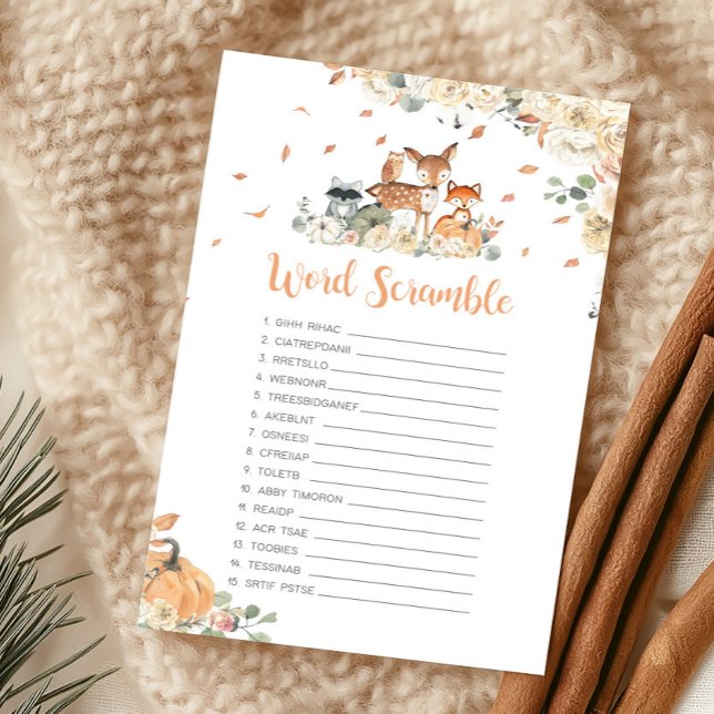 Jeu de désordre de mots d'animaux de la forêt d'au (Floral Woodland Animals Baby Shower Word Scramble Game)