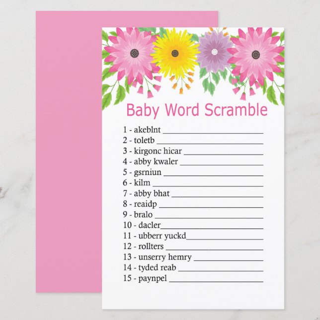 Jeu de désordre de mots de bébé fleurs colorées (Devant / Derrière)
