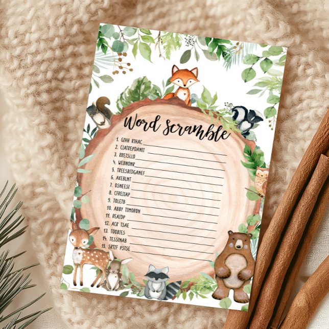 Jeu de désordre de mots de douche Animaux de la fo (Wood Slice Woodland Baby Shower Word Scramble Game)
