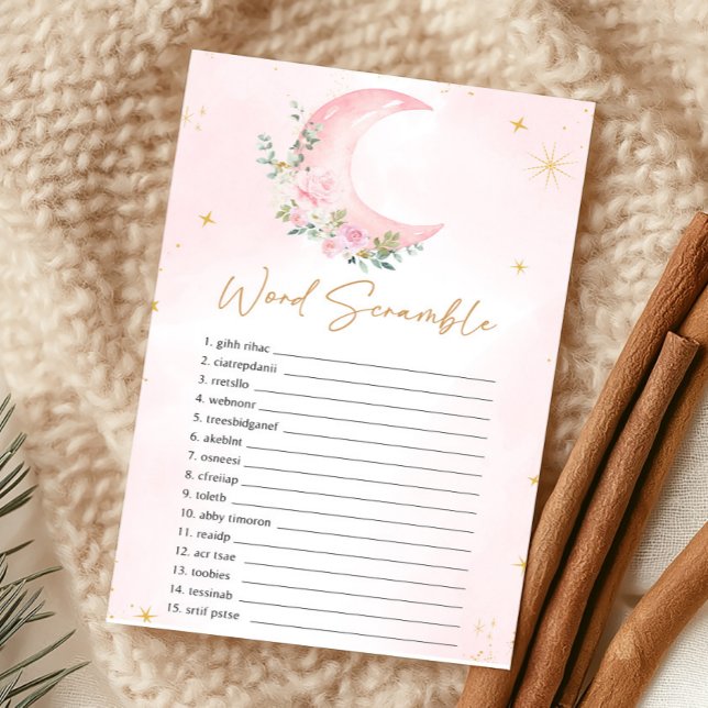 Jeu de désordre de mots Fête de Bébé Lune Rose et  (Girl Moon Baby Shower Word Scramble Game)