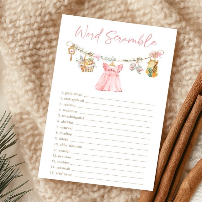 Jeu de désordre de mots pour bébé fille élevé loca (Pink Locally Grown Clothesline Baby Shower Word Scramble Game)