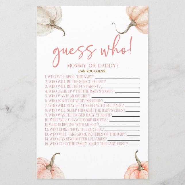 Jeu de devinette Baby Shower Citrouilles Roses Aut (Devant)