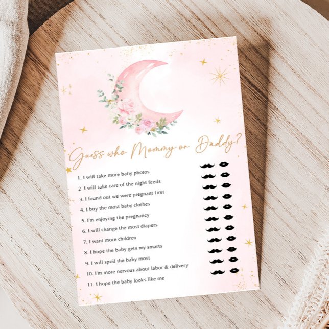 Jeu de devinette Baby Shower Lune Rose et Étoiles (Floral Monn and Stars Baby Shower Game)