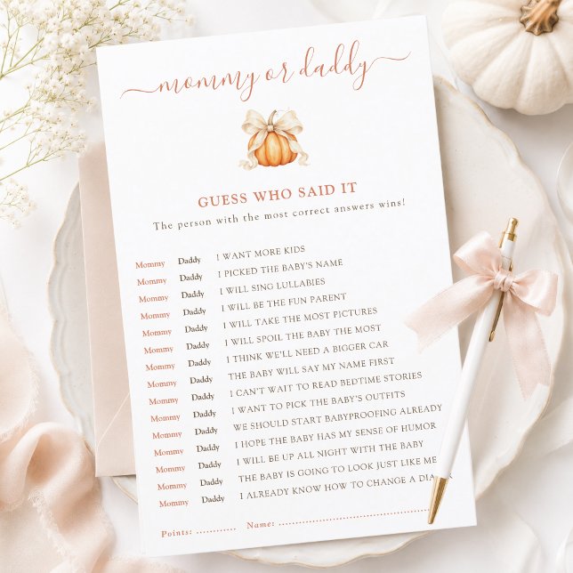 Jeu de devinette Baby Shower Pumpkin Bow Maman ou  (Créateur téléchargé)