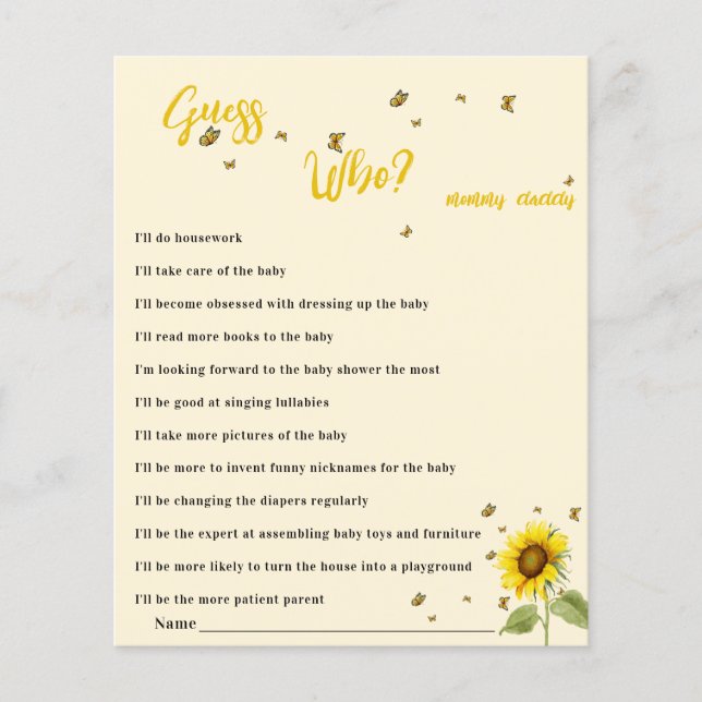 Jeu de devinette Baby Shower Tournesol et Papillon (Devant)