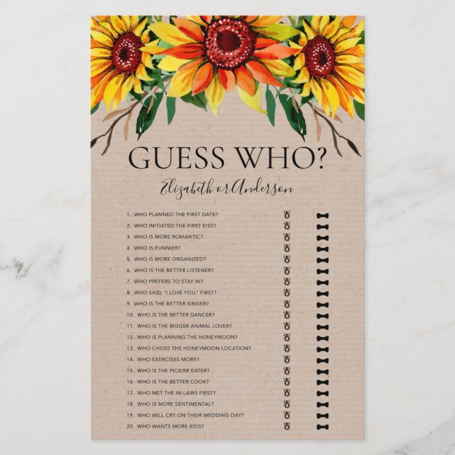 Jeu de devinette de mariage aux tournesols rustiqu (Devant)