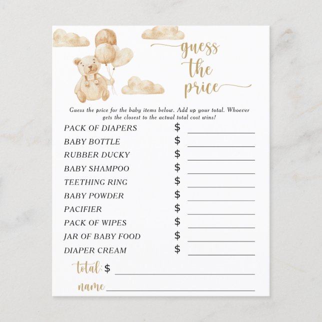 Jeu de devinette de prix d'ours pour Baby Shower (Devant)