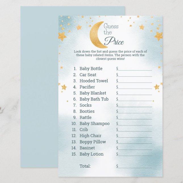 Jeu de devinette de prix pour Baby Shower garçon " (Devant / Derrière)