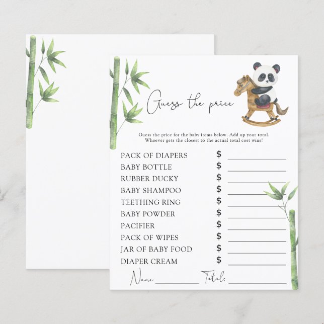 Jeu de devinette de prix pour baby shower Ours Pan (Devant / Derrière)