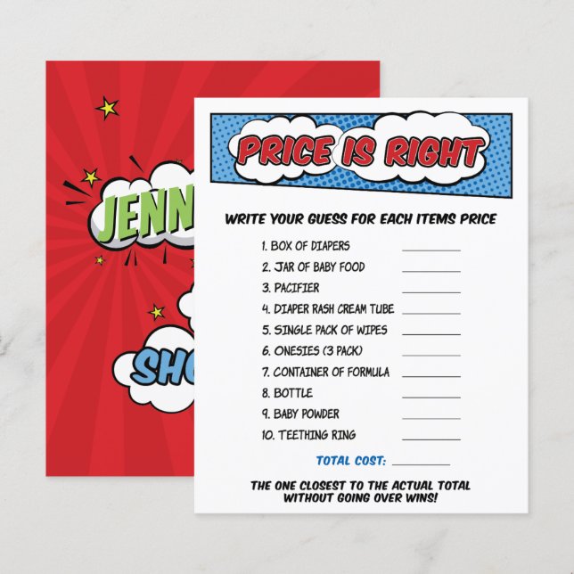 Jeu de devinette de prix pour une Baby Shower sur  (Devant / Derrière)