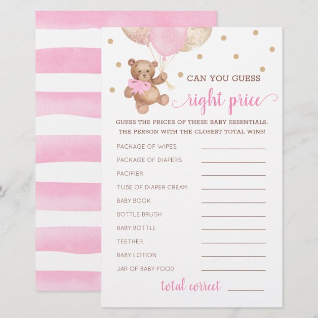 Jeu de devinette du juste prix Baby Shower Teddy B (Devant / Derrière)