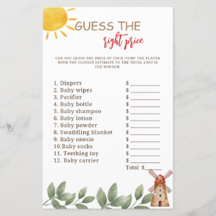 Jeu de devinette du prix Baby Shower thème ferme
